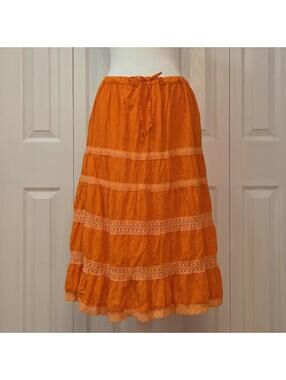 Vintage Y2K Orange Tiered Midi Skirt Provogue OS Summer Boho Peasant Lace Trim